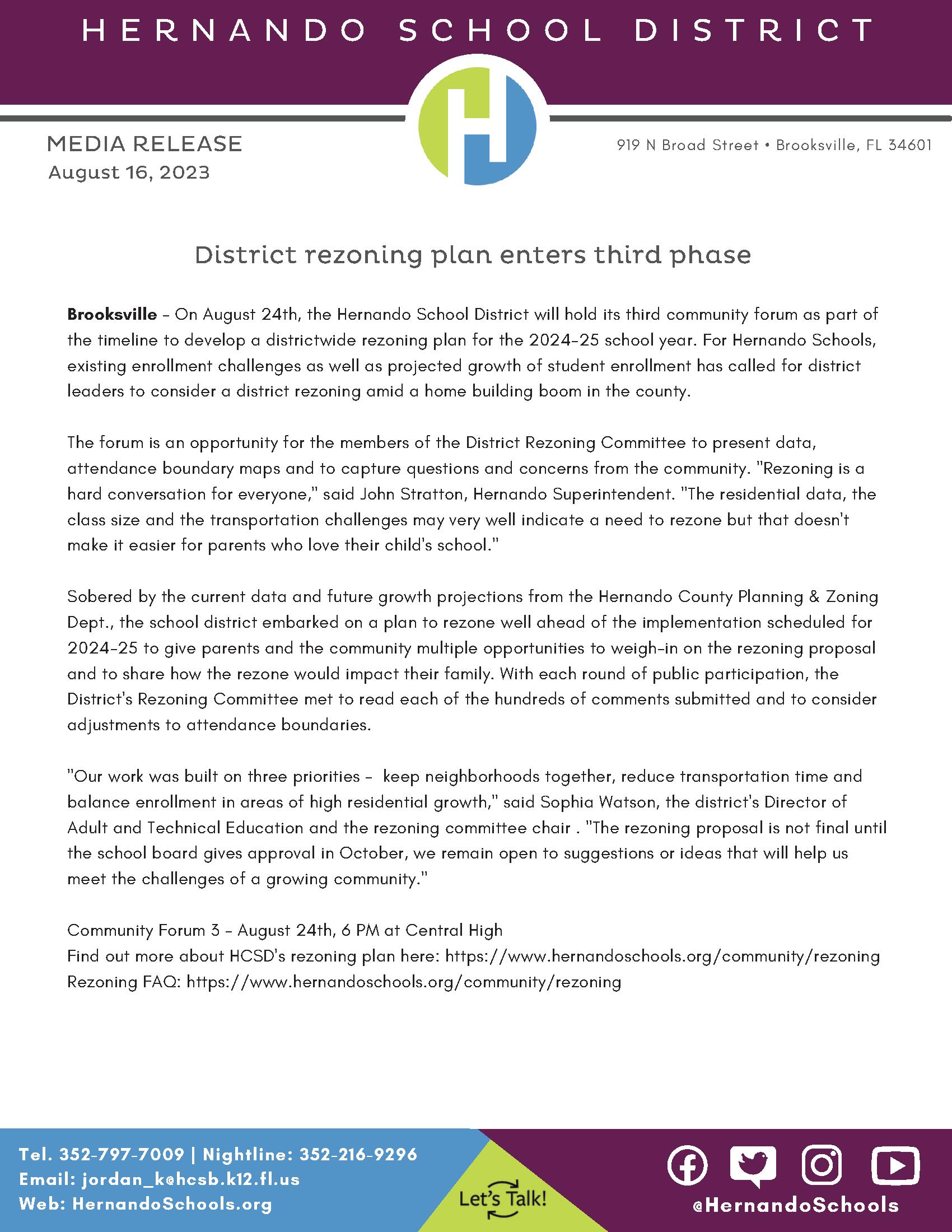 Media Release - District rezoning plan enters third phase