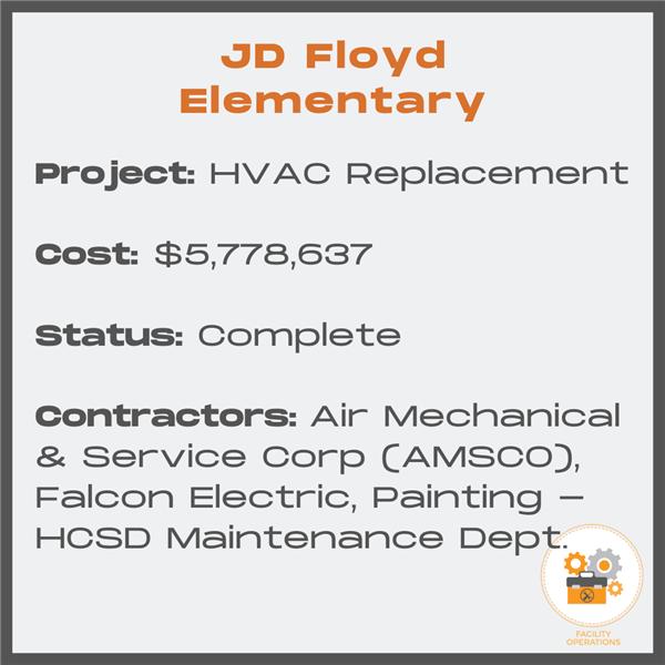 JD Floyd HVAC Replacement - Cost $5,778,637 - Status Complete - Contractors Air Mechanical and Service Corp. and Falcon Electric and the HCSD Maintenance Dept.