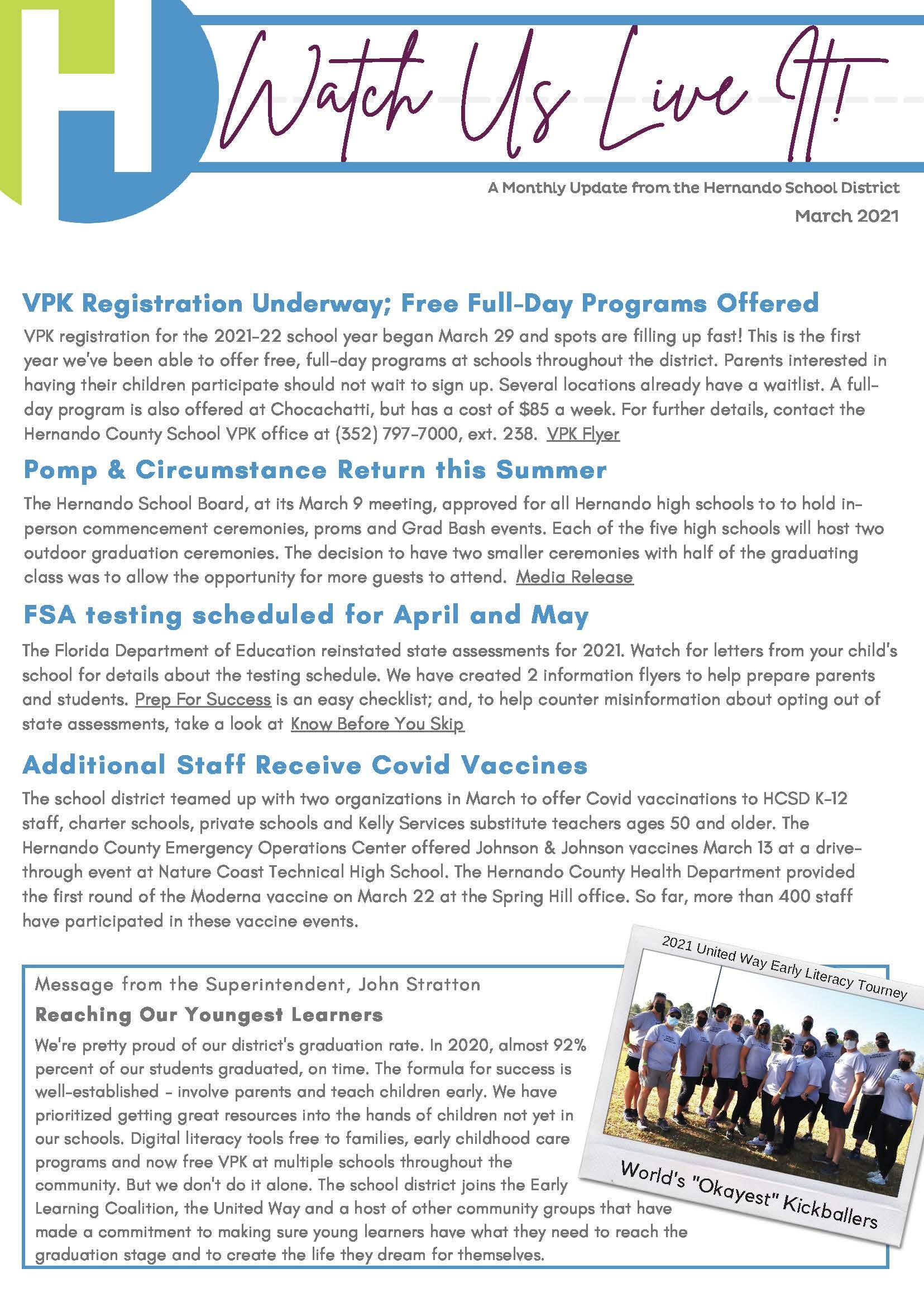 Watch Us Live It! March 2021 Newsletter