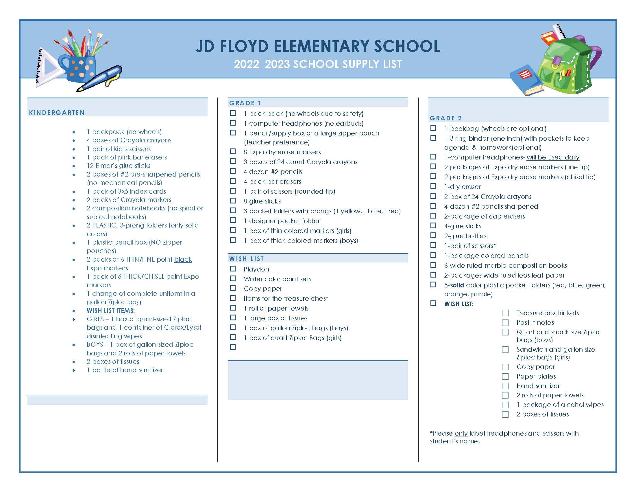 school supply list k-2