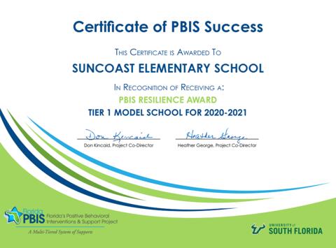 Certificate of PBIS Success Awarded to Suncoast Elementary School 2020-2021