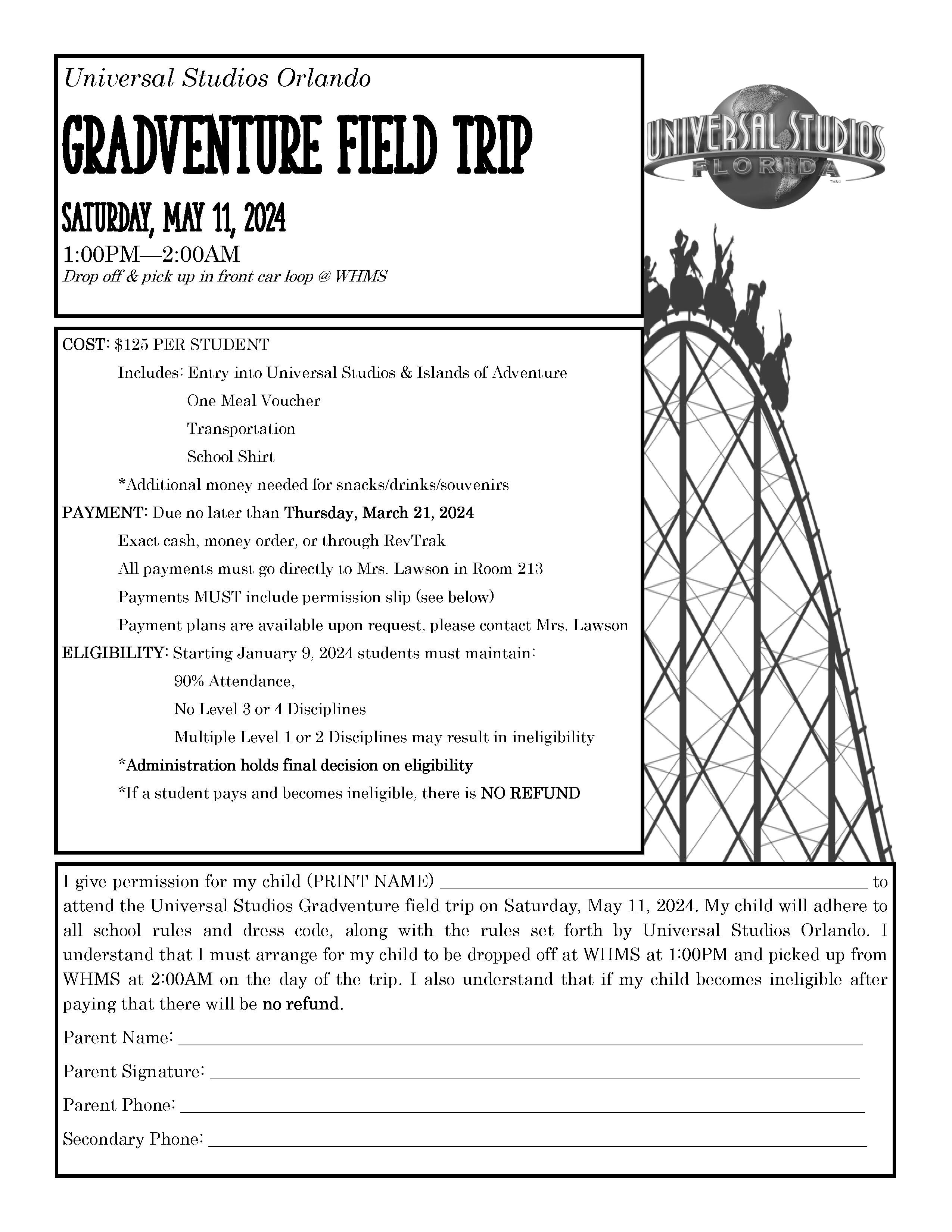 WHMS 8th Grade Universal Studios Gradventure Field Trip 2024 Permission Slip