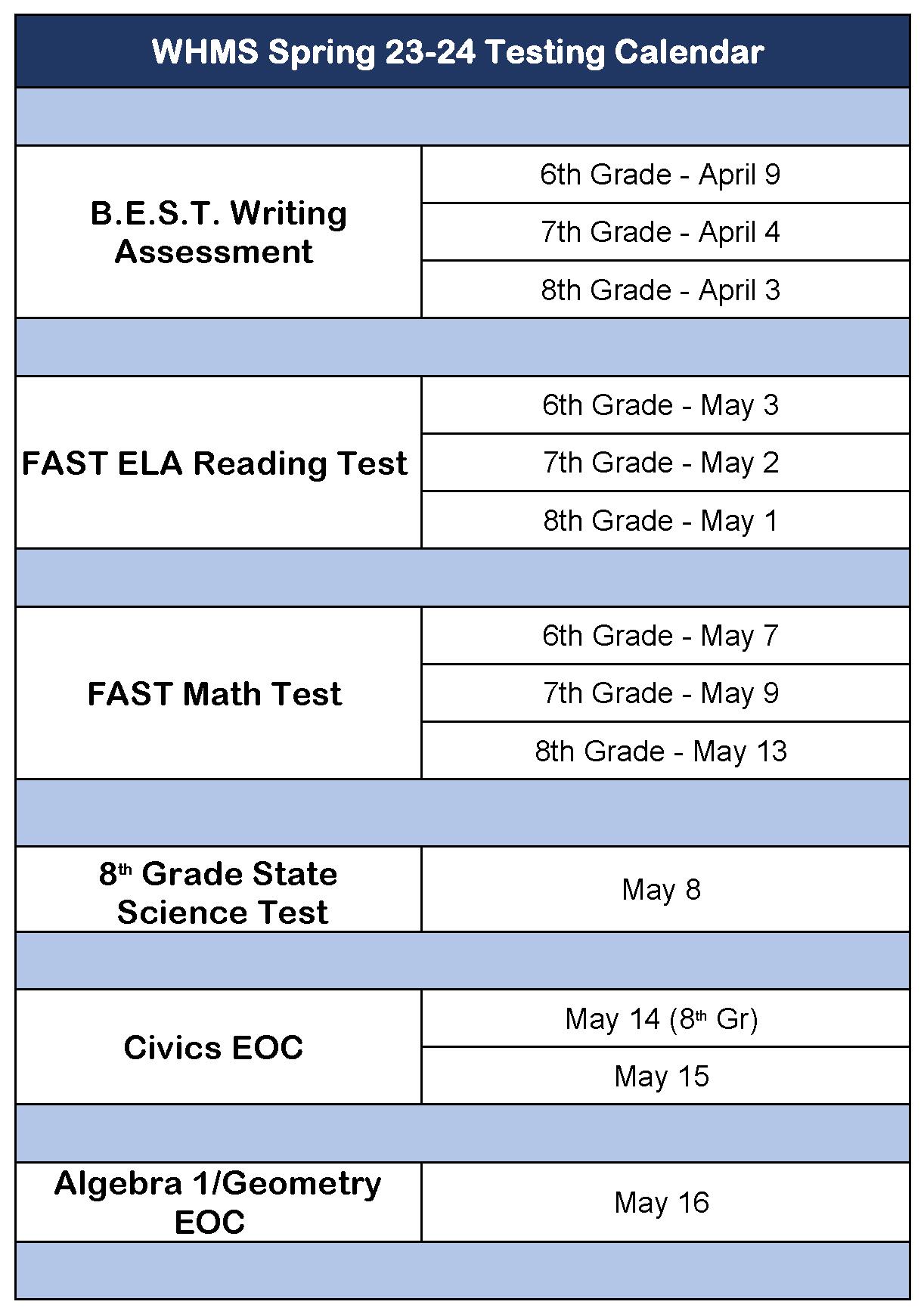 WHMS Spring 23-24 Testing Calendar