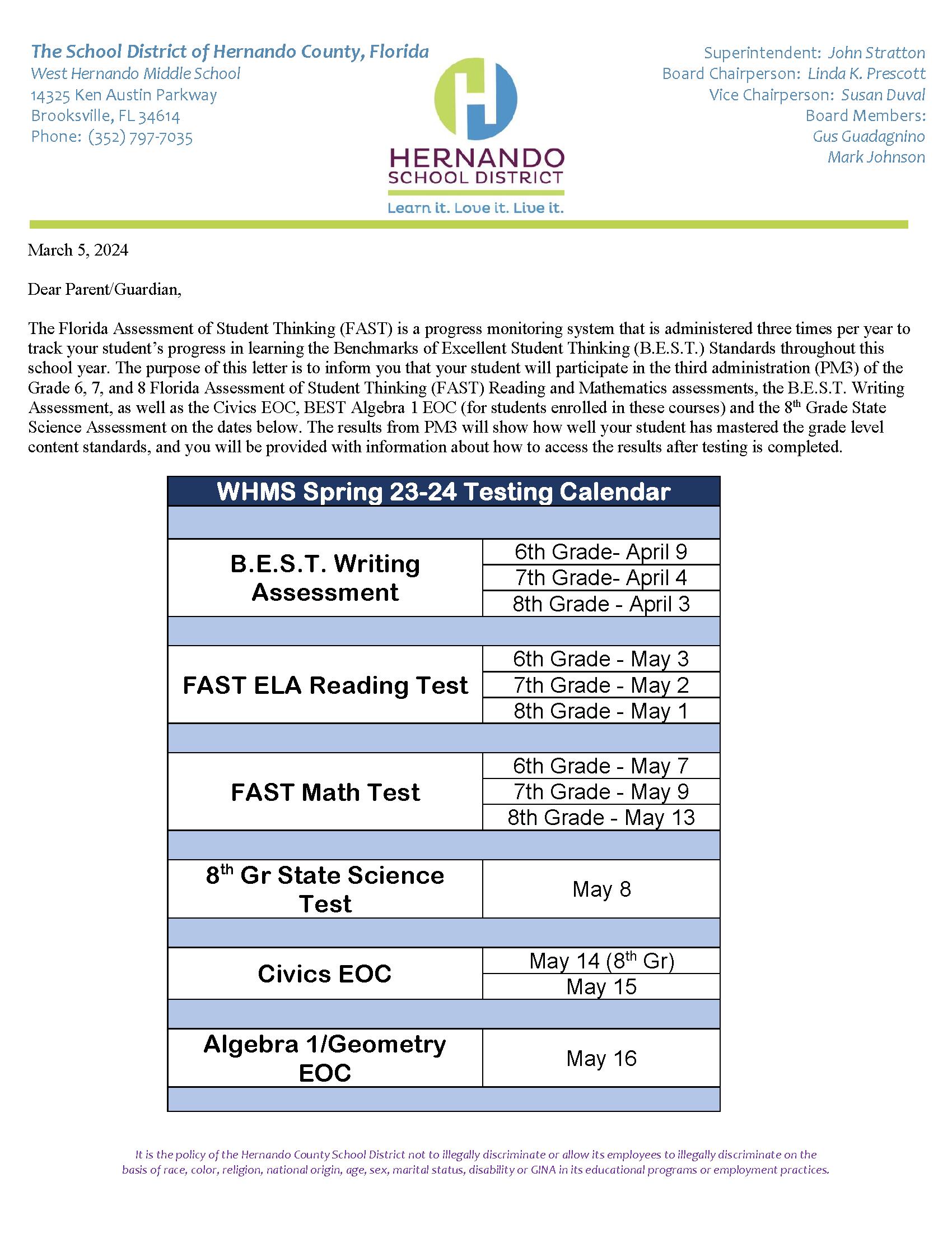 WHMS Spring 2024 Testing Parent Letter - Page 1