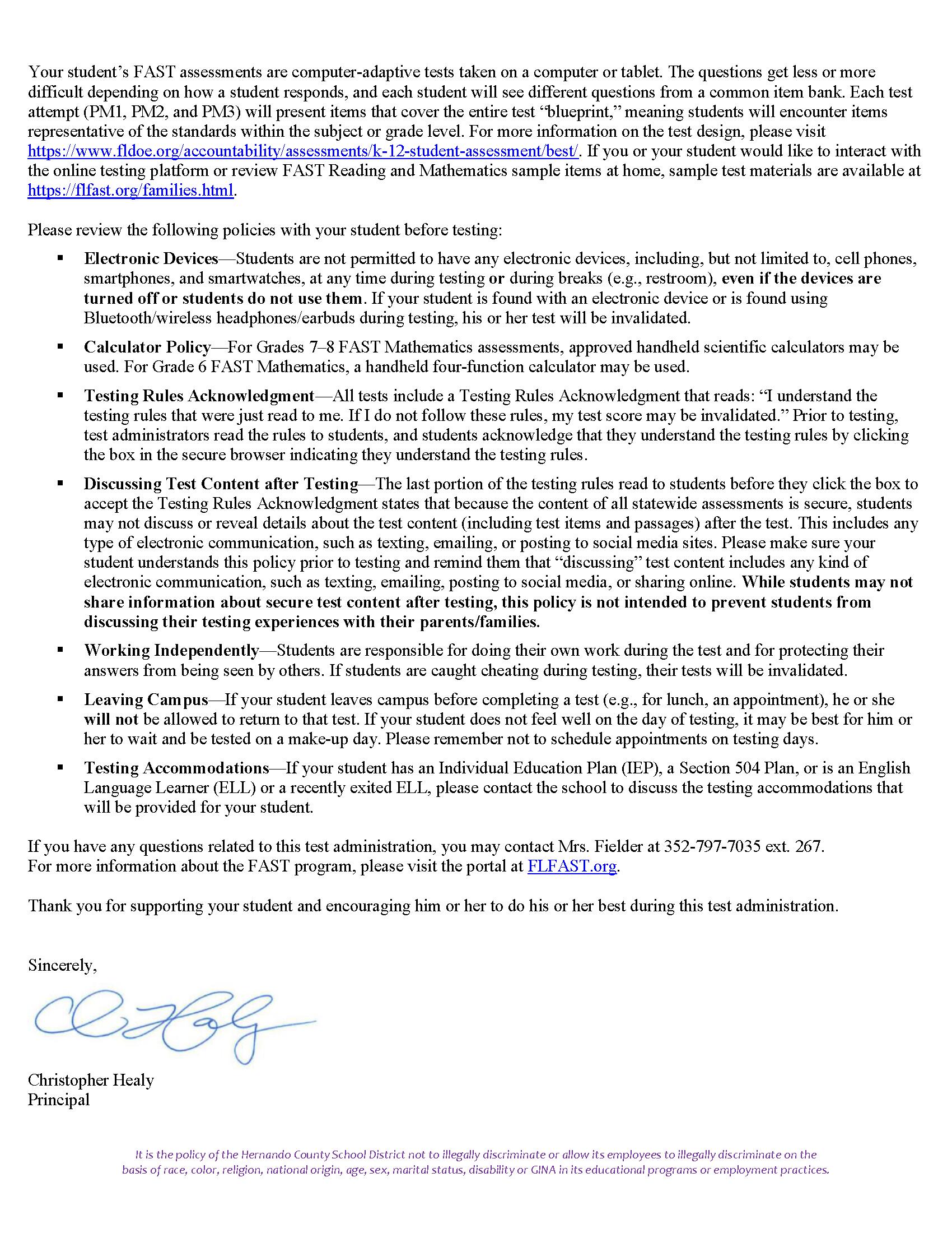 WHMS Spring 2024 Testing Parent Letter - Page 2