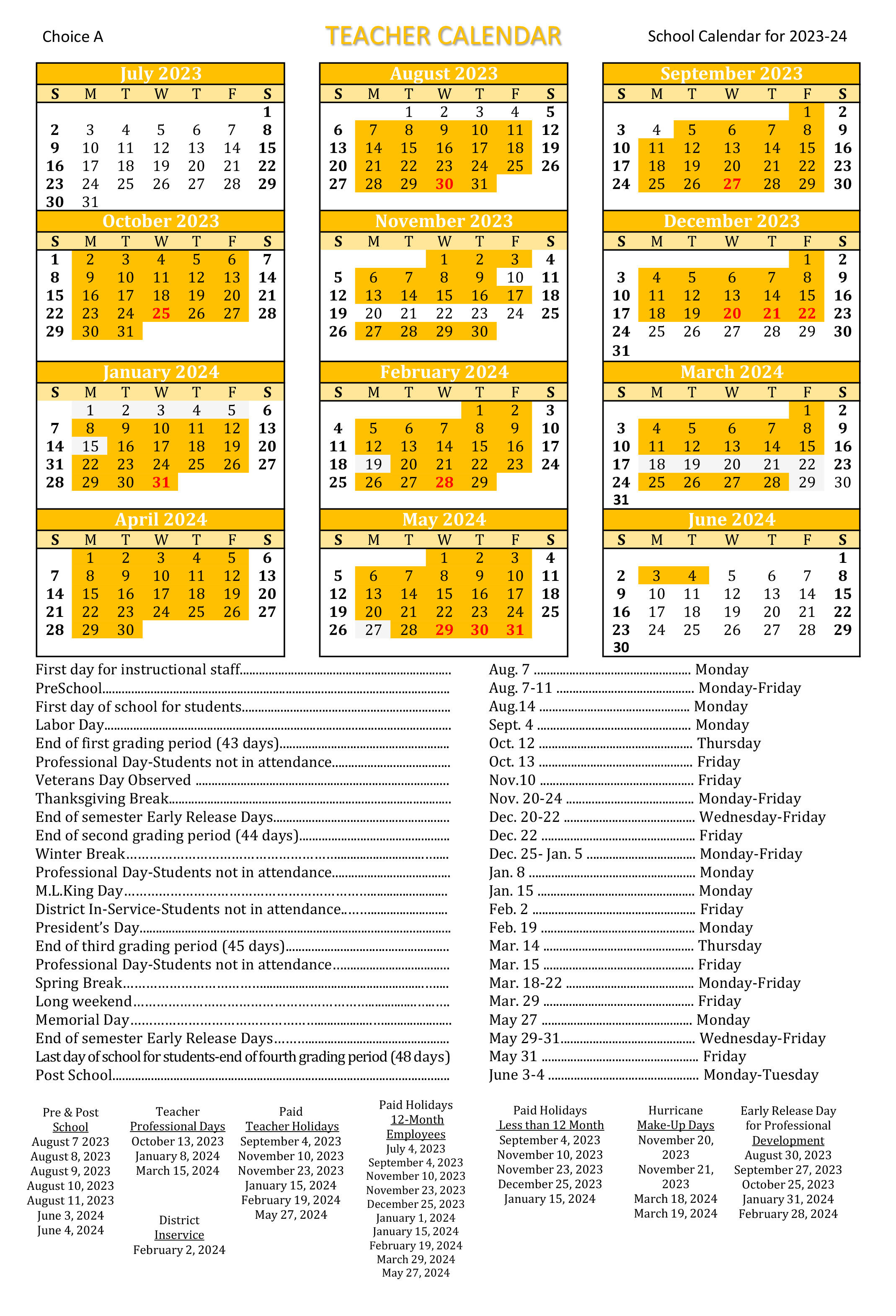 2023-24 Calendar - Option A